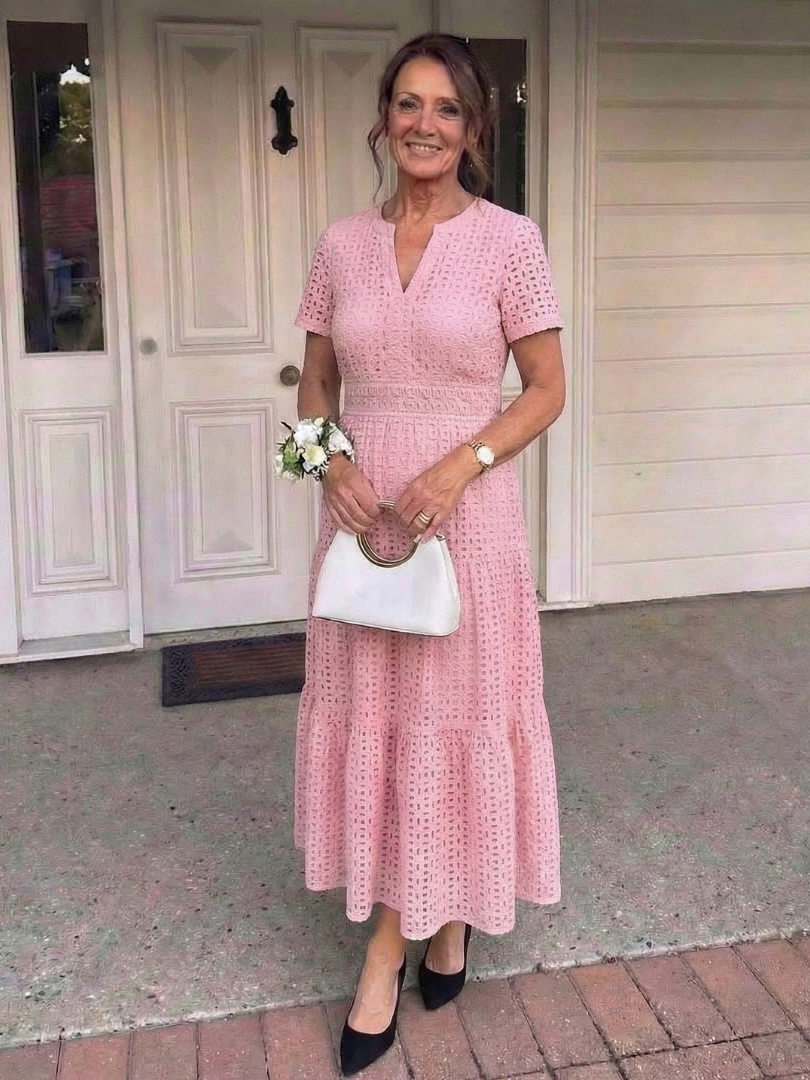 Nelvaine | Women's Midi Dress Eyelet Tiered - Pink - Image 3