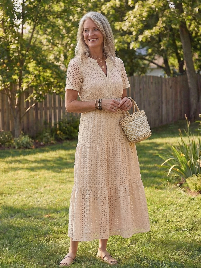 Nelvaine | Women's Midi Dress Eyelet Tiered - Pink - Image 7