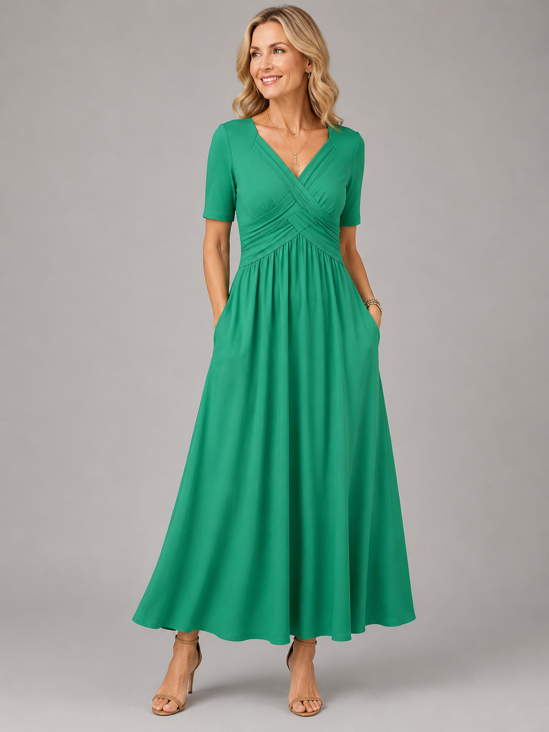 Nerisse | Women's Maxi Dress V-Neck Short Sleeve - Image 1