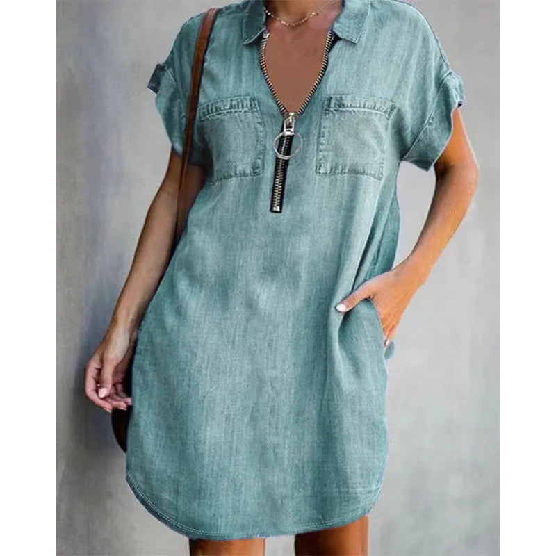 Odette | Women's Denim Mini Dress Short Sleeve - Image 2