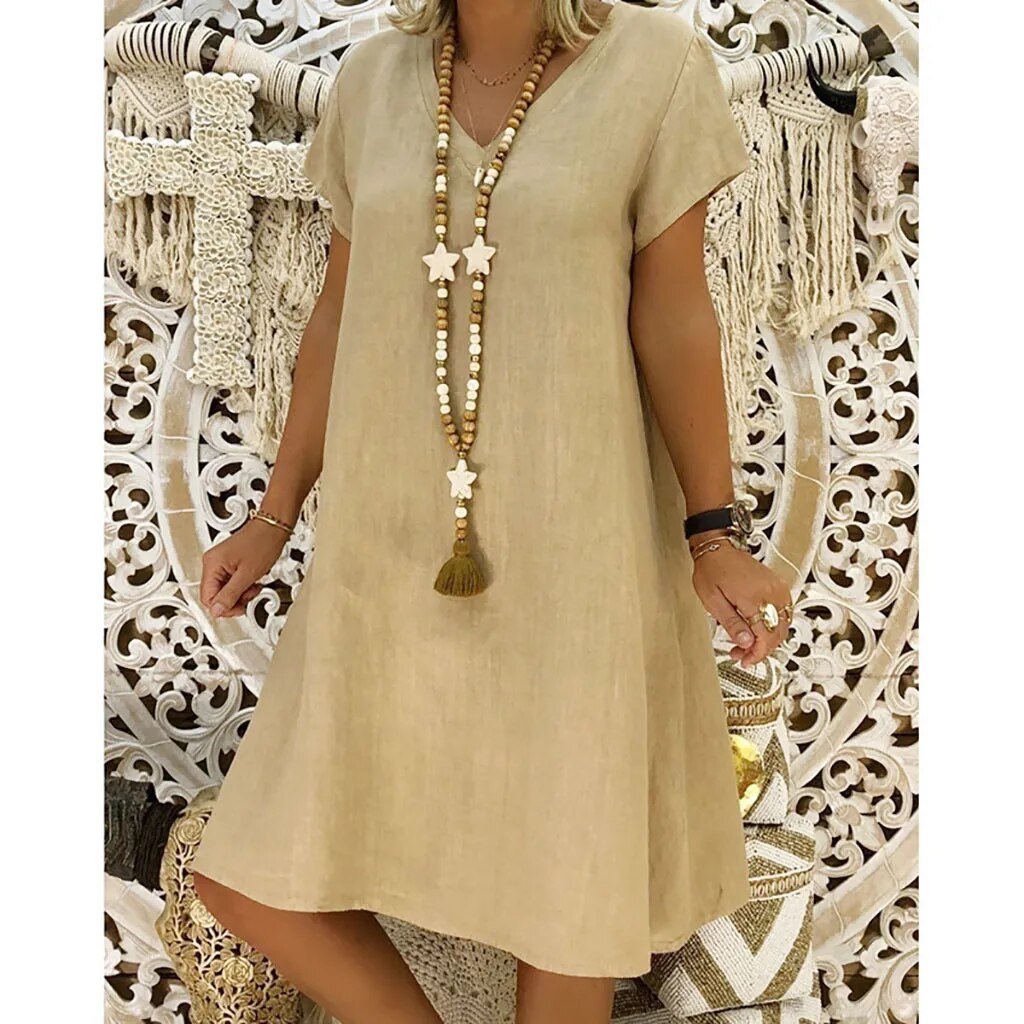 Ondine | Women's Short Sleeve V-Neck Mini Dress - Beige - Image 1