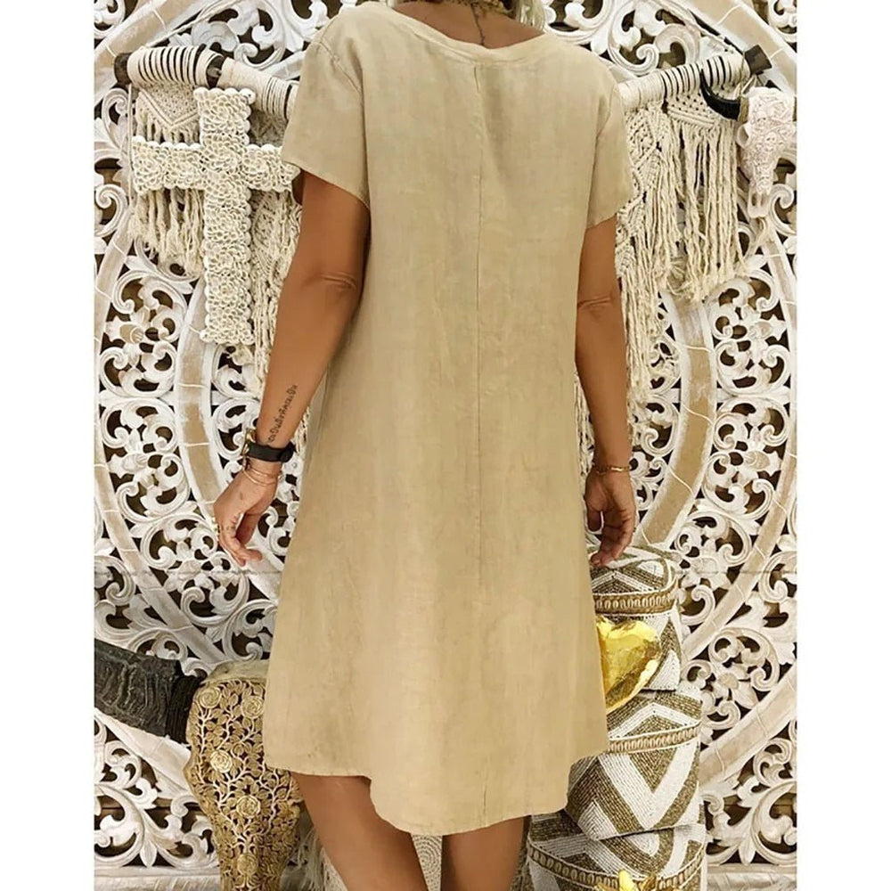 Ondine | Women's Short Sleeve V-Neck Mini Dress - Beige - Image 2