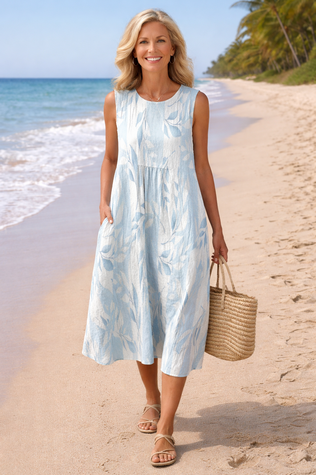 Orindra | Women's Casual Summer Dress Leaf Print Midi - Light Blue - Image 1