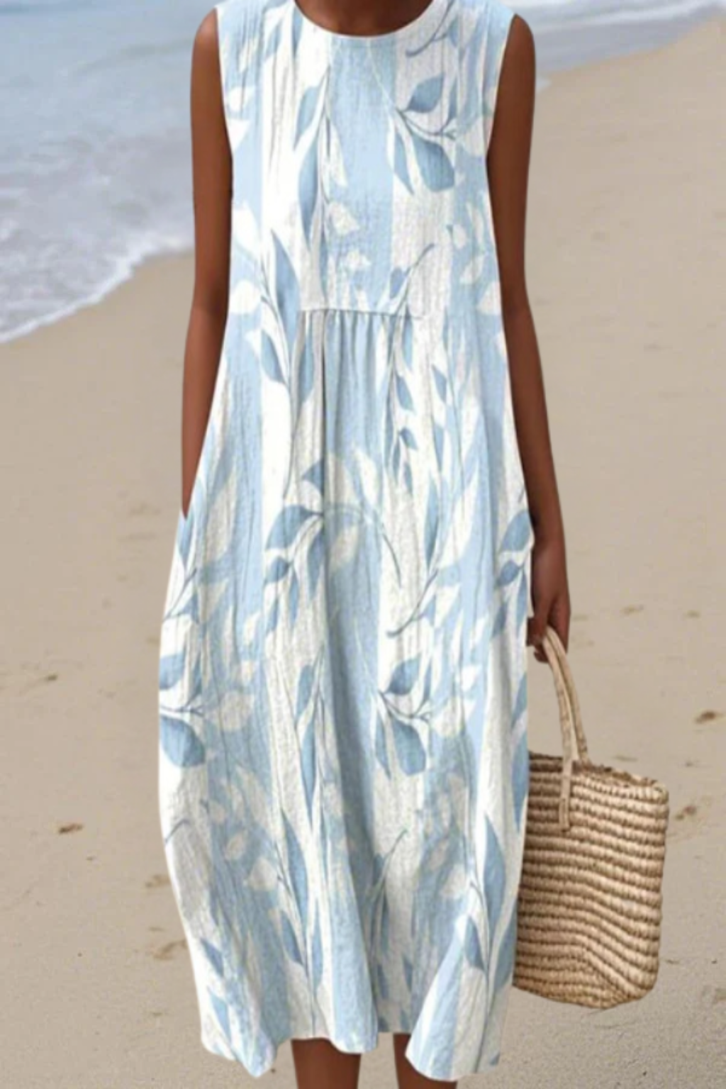 Orindra | Women's Casual Summer Dress Leaf Print Midi - Light Blue - Image 2