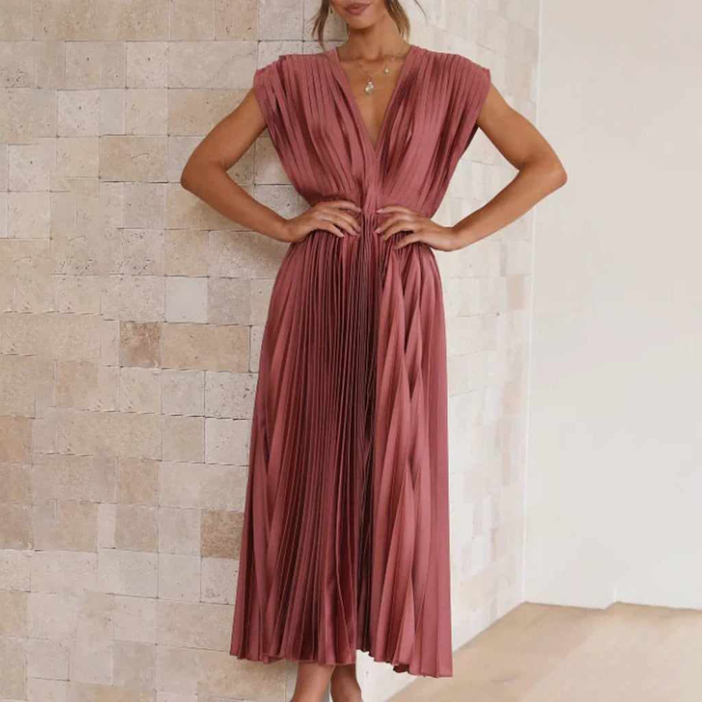 Orinthel | Women's Wedding Guest Dress Pleated Midi - Beige - Image 9