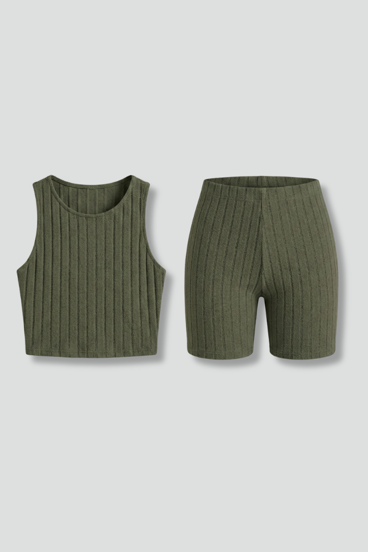 Orvaine | Women's Two Piece Set Ribbed Crop Top & Shorts - Olive Green - Image 2