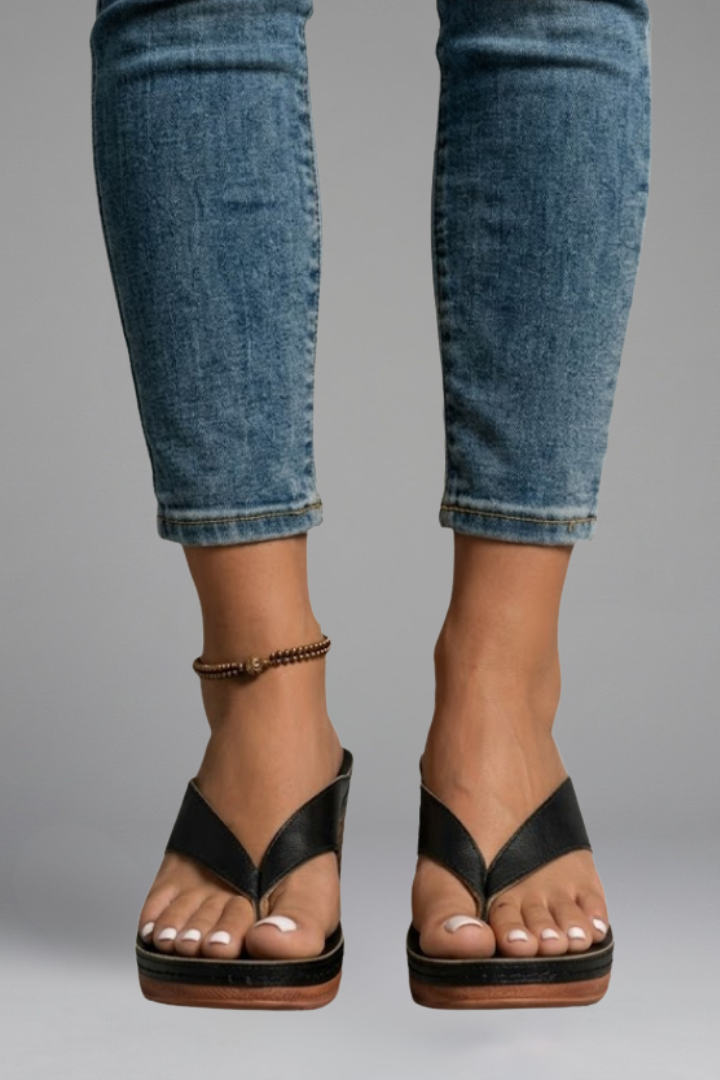 Orvelle | Women's Block Heel Thong Sandals - Black - Image 1