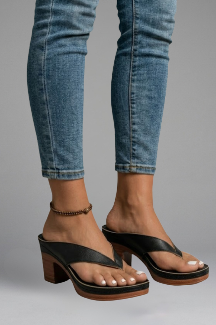 Orvelle | Women's Block Heel Thong Sandals - Black - Image 6