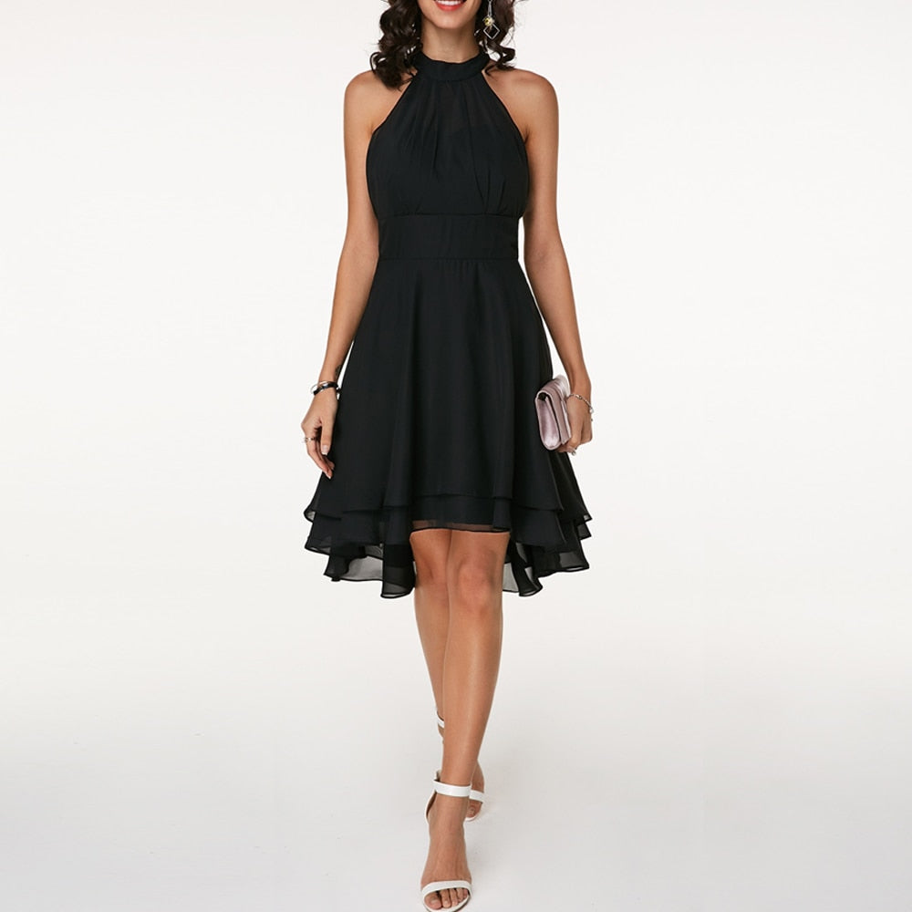 Orvelle | Women's Cocktail Dress Halter Tiered Hem - Black - Image 1