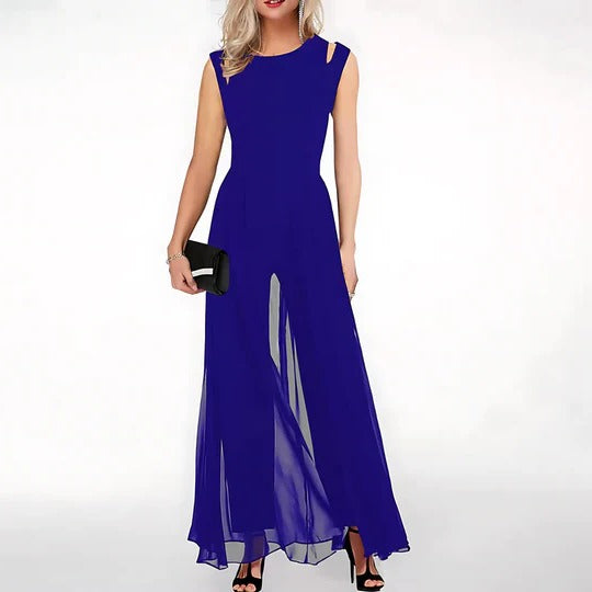 Orvelle | Women's Evening Jumpsuit Chiffon Overlay - Royal Blue - Image 1