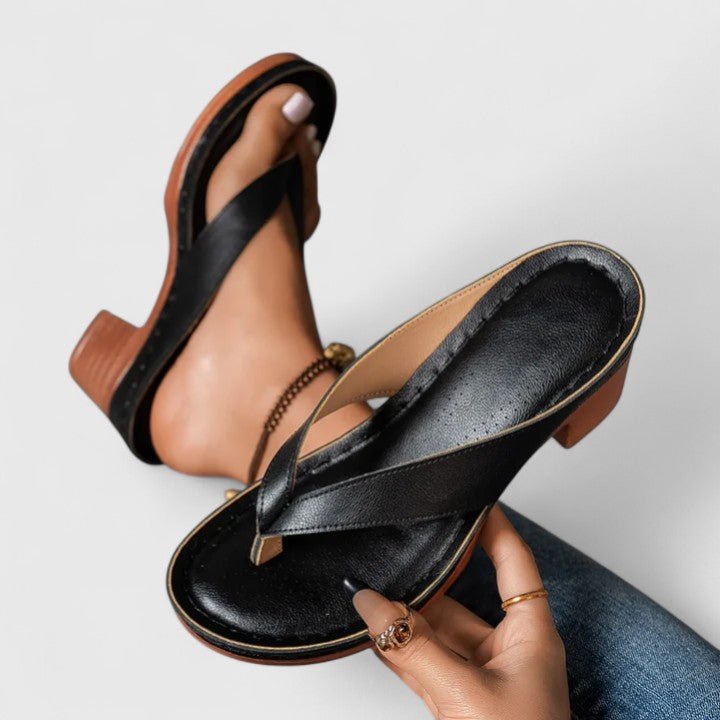 Orvendel | Women's Block Heel Sandals Toe-Post - Black - Image 2