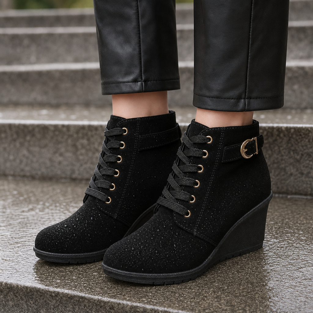 Orvielle | Women's Wedge Ankle Boots Lace-Up - Black - Image 1