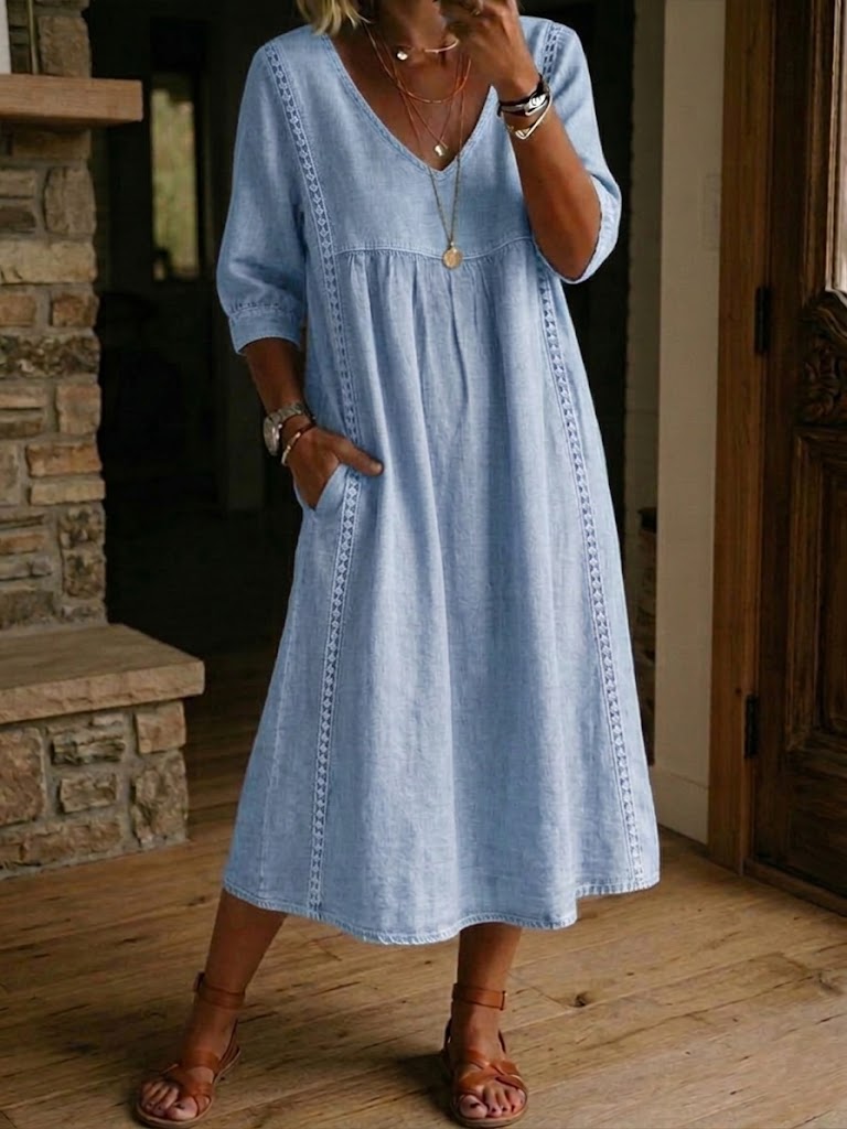 Ottavia | Women's Casual Midi Dress with Openwork Trim - Light Blue - Image 1