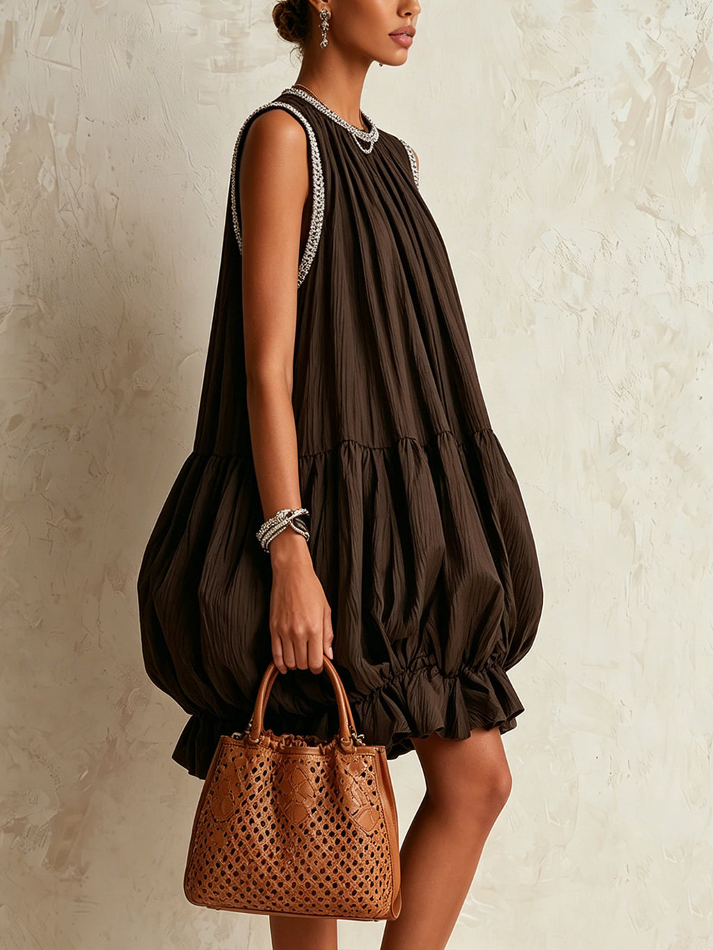 Ottoline | Women's Bubble Hem Sleeveless Mini Dress - Dark Brown - Image 2