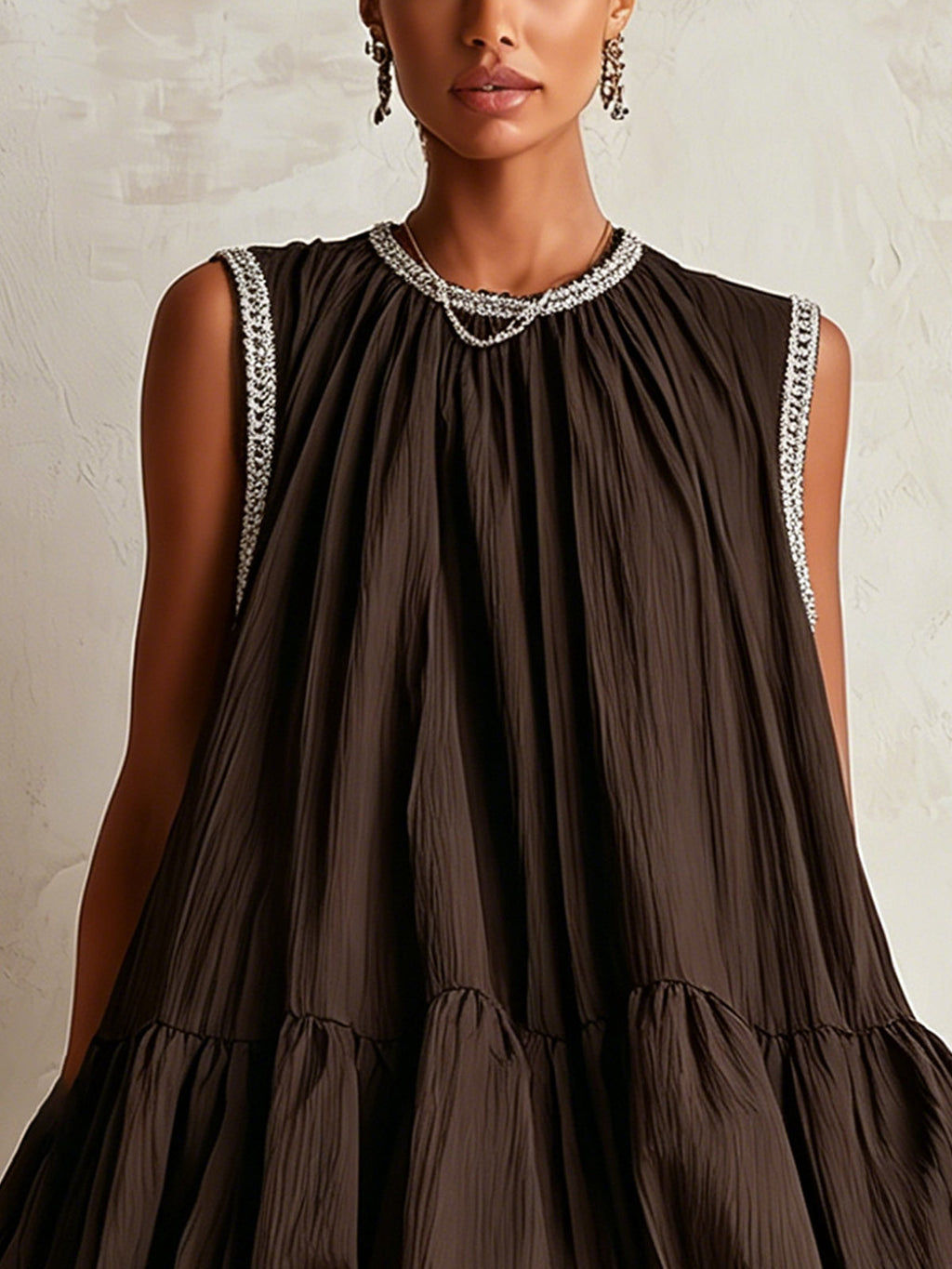 Ottoline | Women's Bubble Hem Sleeveless Mini Dress - Dark Brown - Image 4
