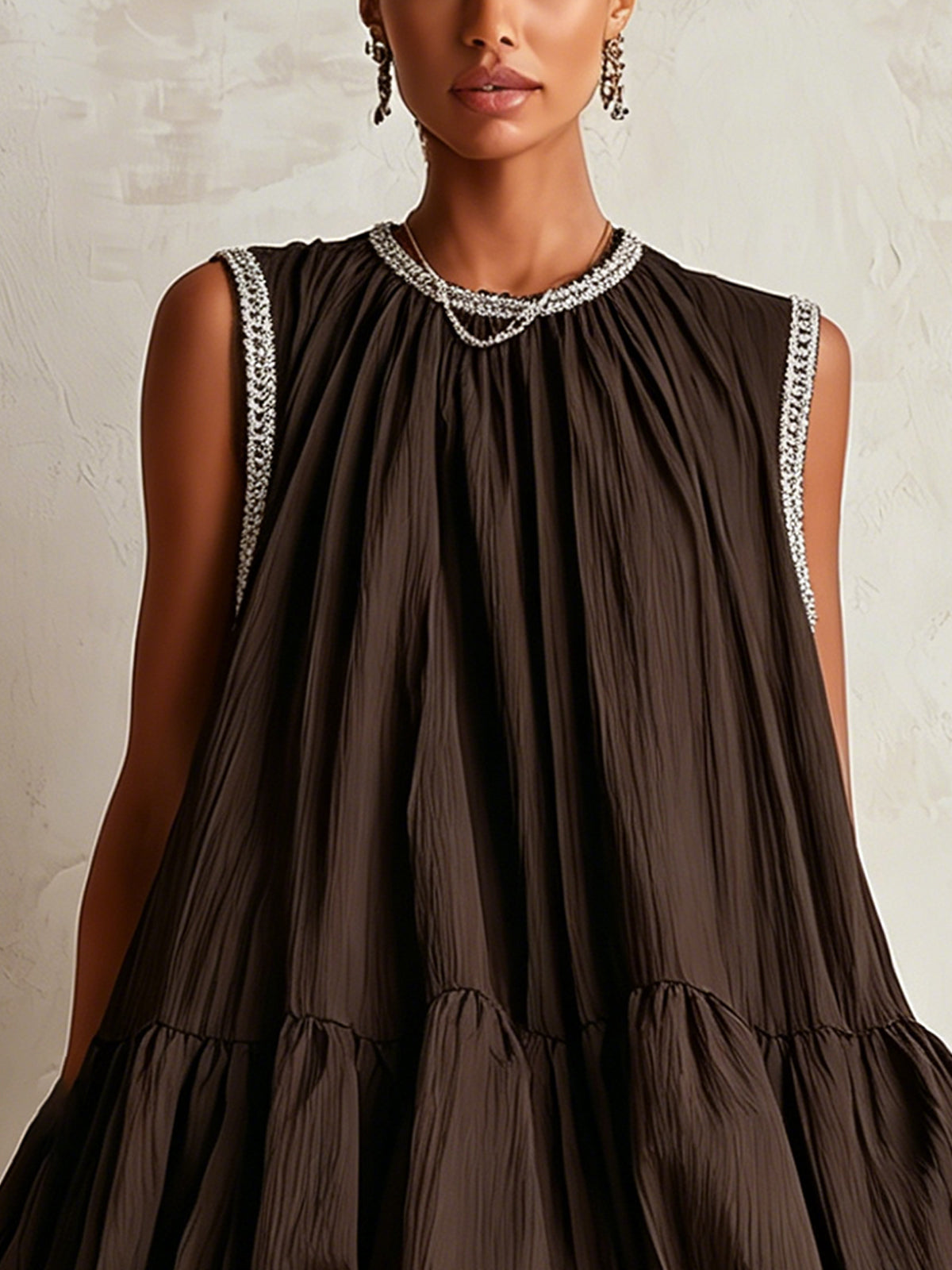 Ottoline | Women's Bubble Hem Sleeveless Mini Dress - Dark Brown - Image 4