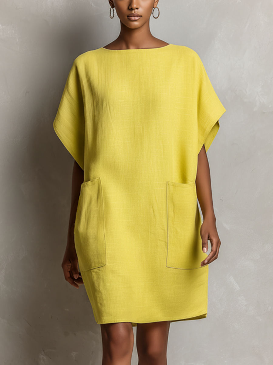 Paloma | Women's Relaxed Fit Mini Dress with Pockets - Yellow - Image 3