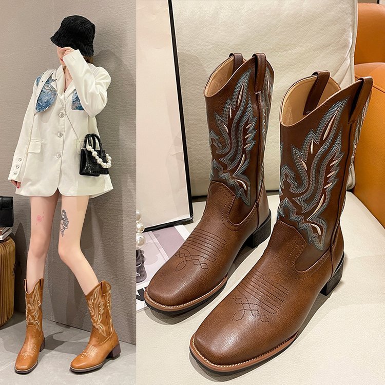 Ravelle | Women's Embroidered Western Cowboy Boots - Brown - Image 1