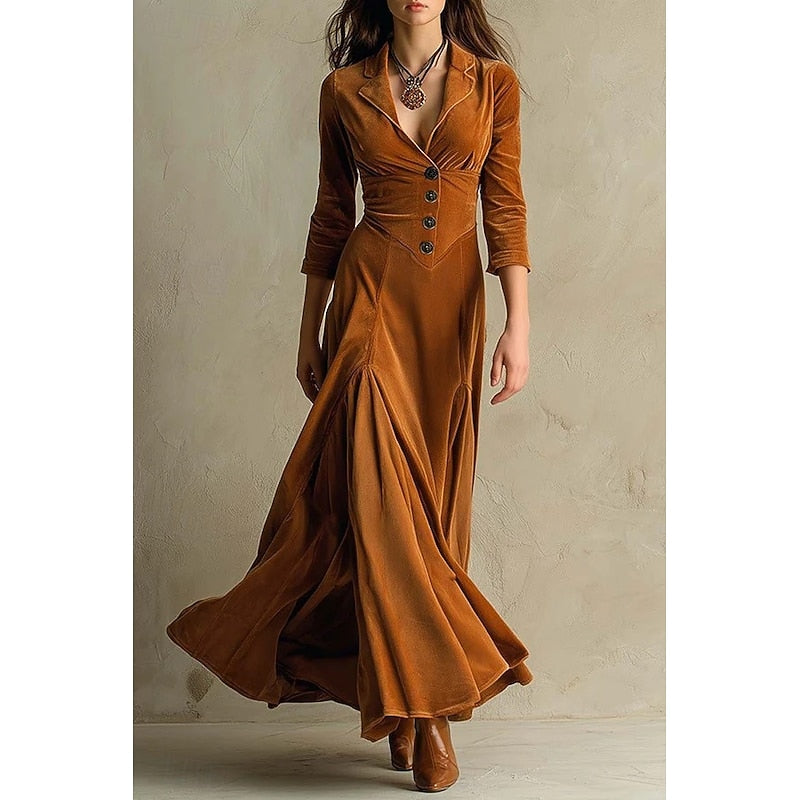 Ravenna | Women's Velvet Maxi Dress Fitted Flared - Camel - Image 1