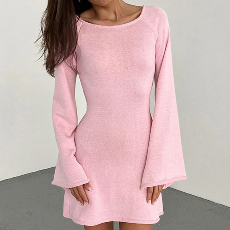 Romaine | Women's Open Back Bell Sleeve Mini Dress - Pink - Image 1