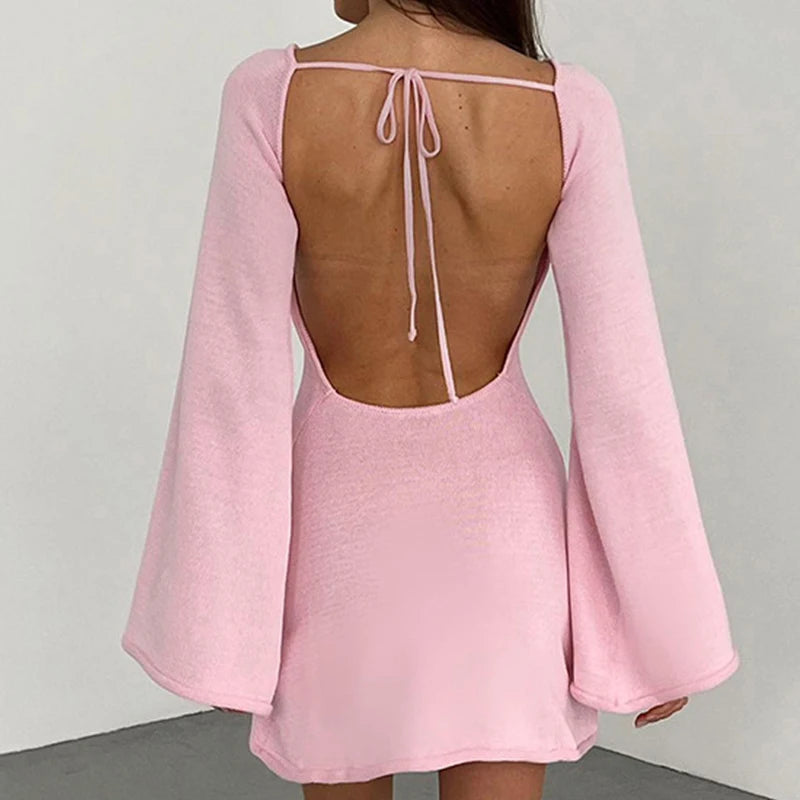 Romaine | Women's Open Back Bell Sleeve Mini Dress - Pink - Image 2