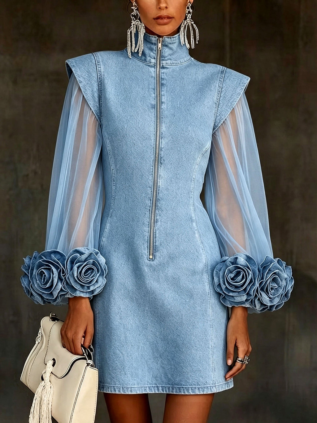 Rosalba | Women's Denim Mini Dress Sheer Floral Sleeve - Light Blue - Image 1