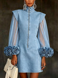 Rosalba | Women's Denim Mini Dress Sheer Floral Sleeve - Light Blue - Image 1