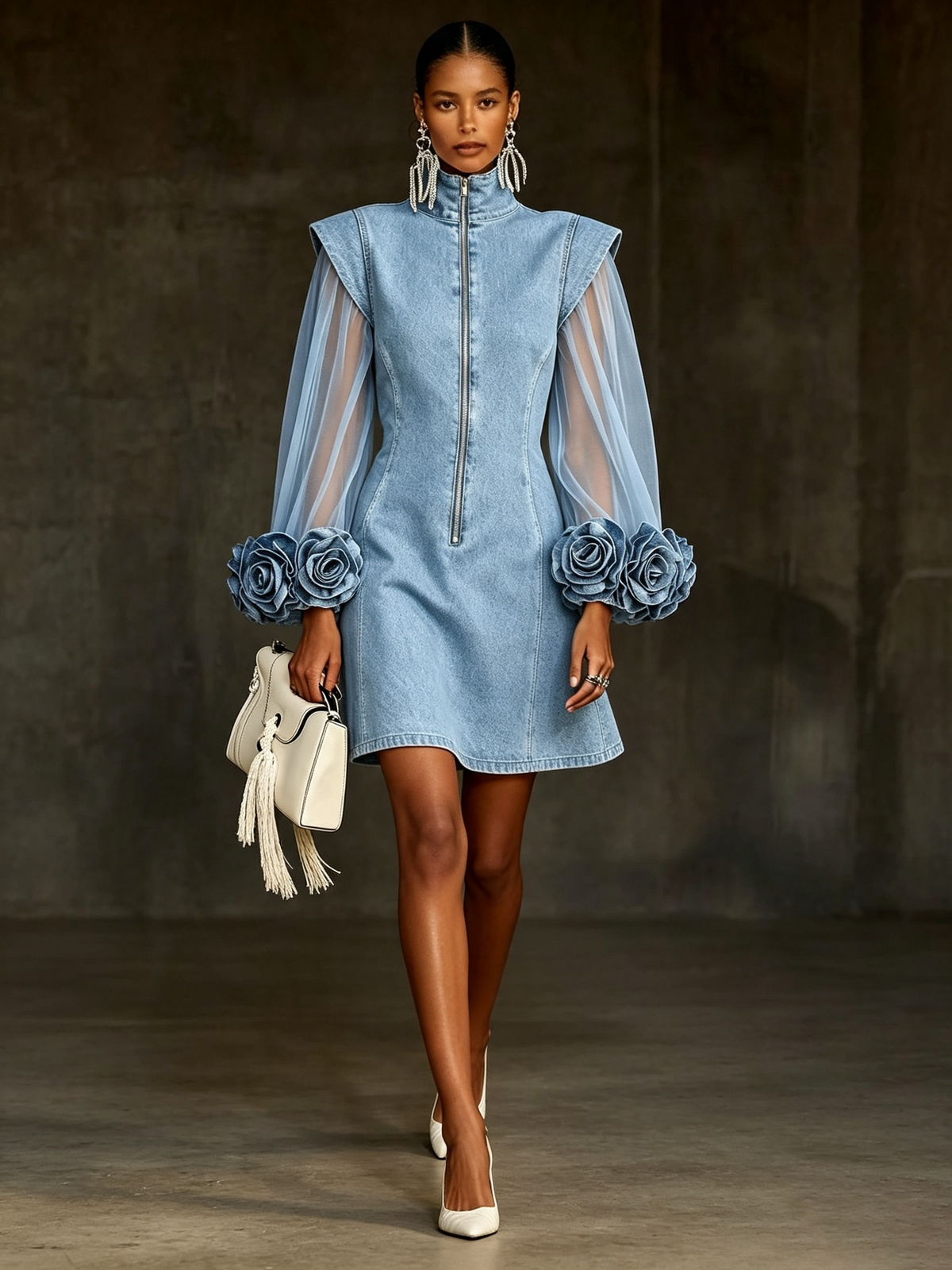 Rosalba | Women's Denim Mini Dress Sheer Floral Sleeve - Light Blue - Image 2