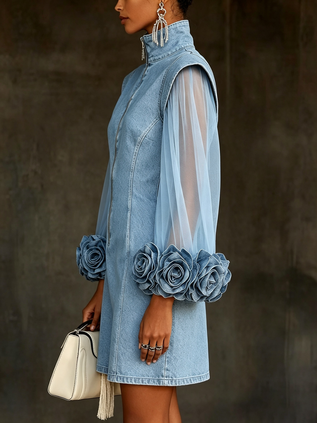 Rosalba | Women's Denim Mini Dress Sheer Floral Sleeve - Light Blue - Image 3