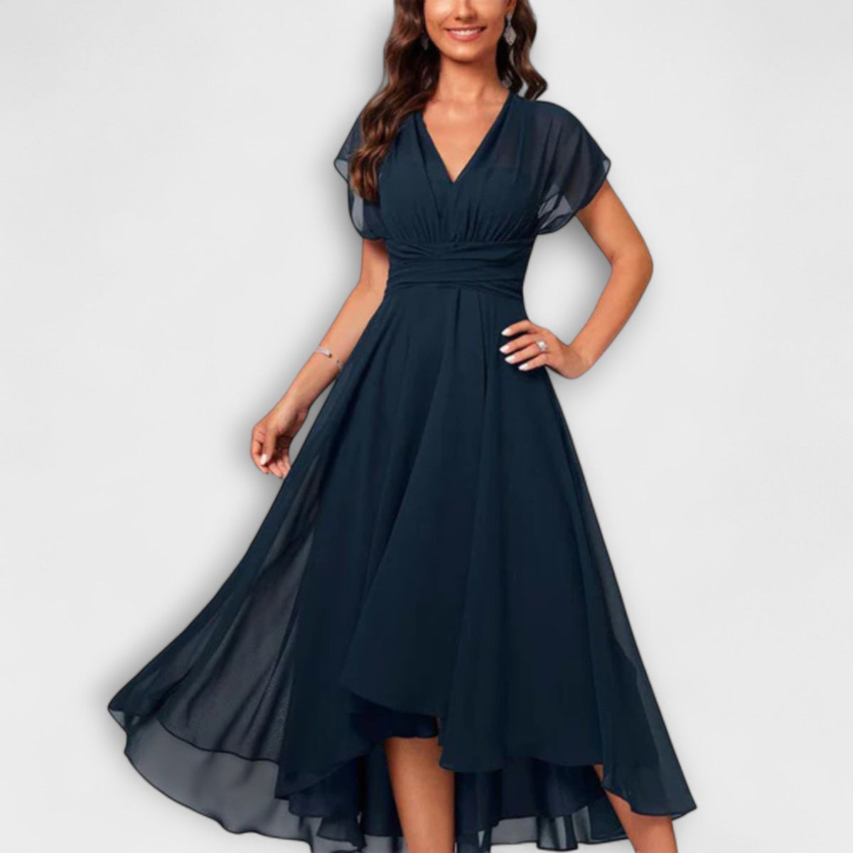 Rosalinde | Women's Chiffon Midi Dress Flutter Sleeve - Navy - Image 1