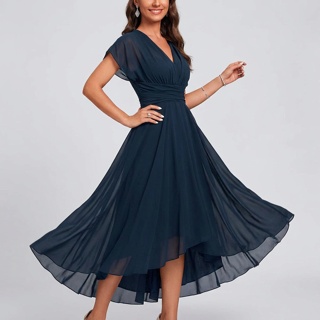 Rosalinde | Women's Chiffon Midi Dress Flutter Sleeve - Navy - Image 3