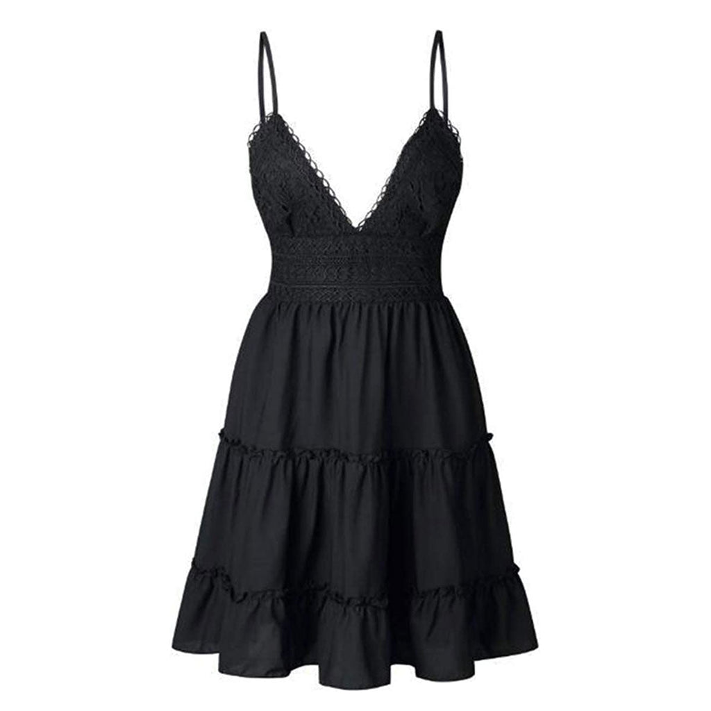 Roswyn | Women's Lace Bodice Tiered Mini Dress - Black - Image 1