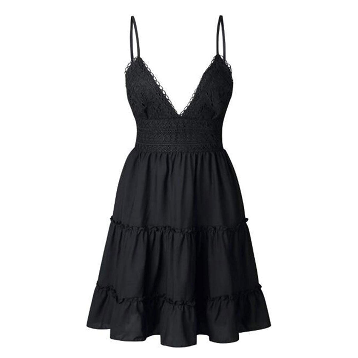 Roswyn | Women's Lace Bodice Tiered Mini Dress - Black - Image 1