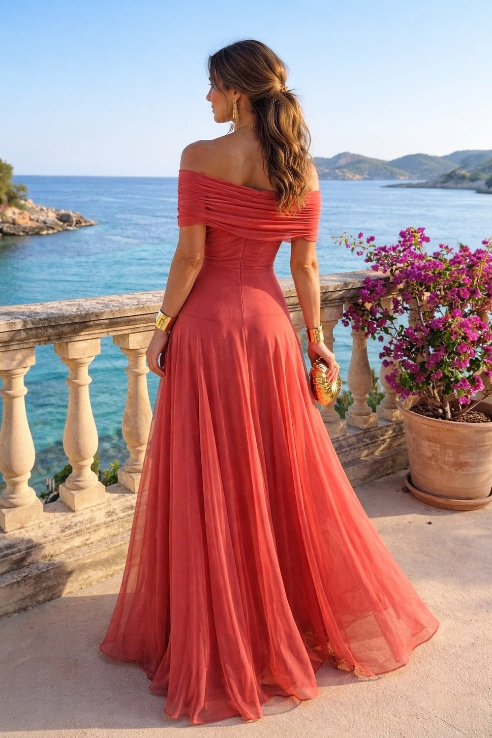Selavorne | Women's Evening Gown Off-Shoulder Maxi Dress - Coral - Image 2