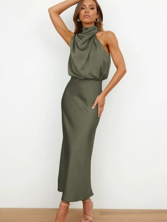 Selvaine | Women's Cocktail Dress Halter Midi - Sage - Image 9