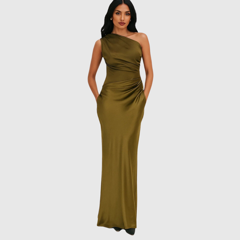 Selvaine | Women's Evening Gown One-Shoulder Maxi Dress - Brown - Image 2