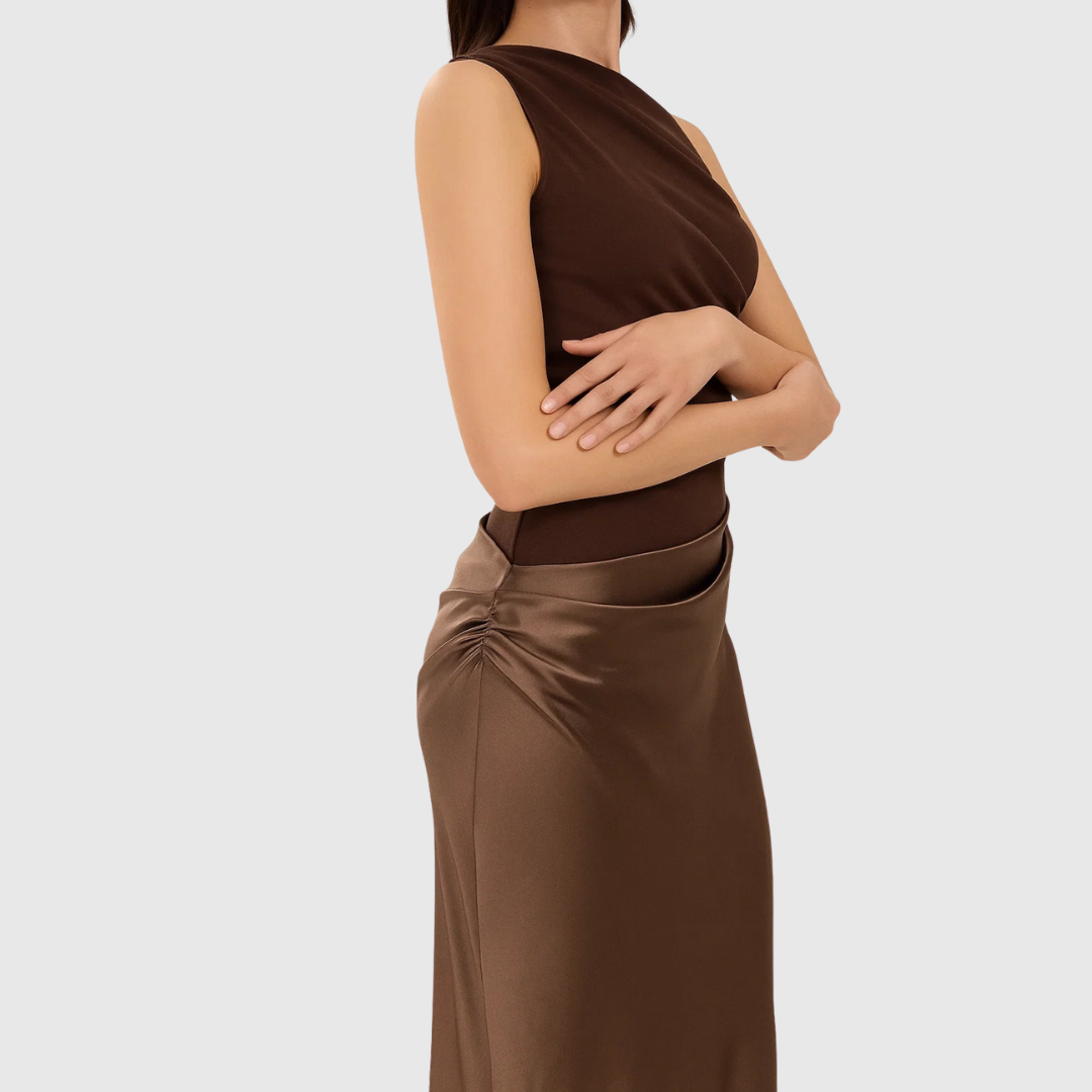 Selvaine | Women's Evening Gown One-Shoulder Maxi Dress - Brown - Image 3