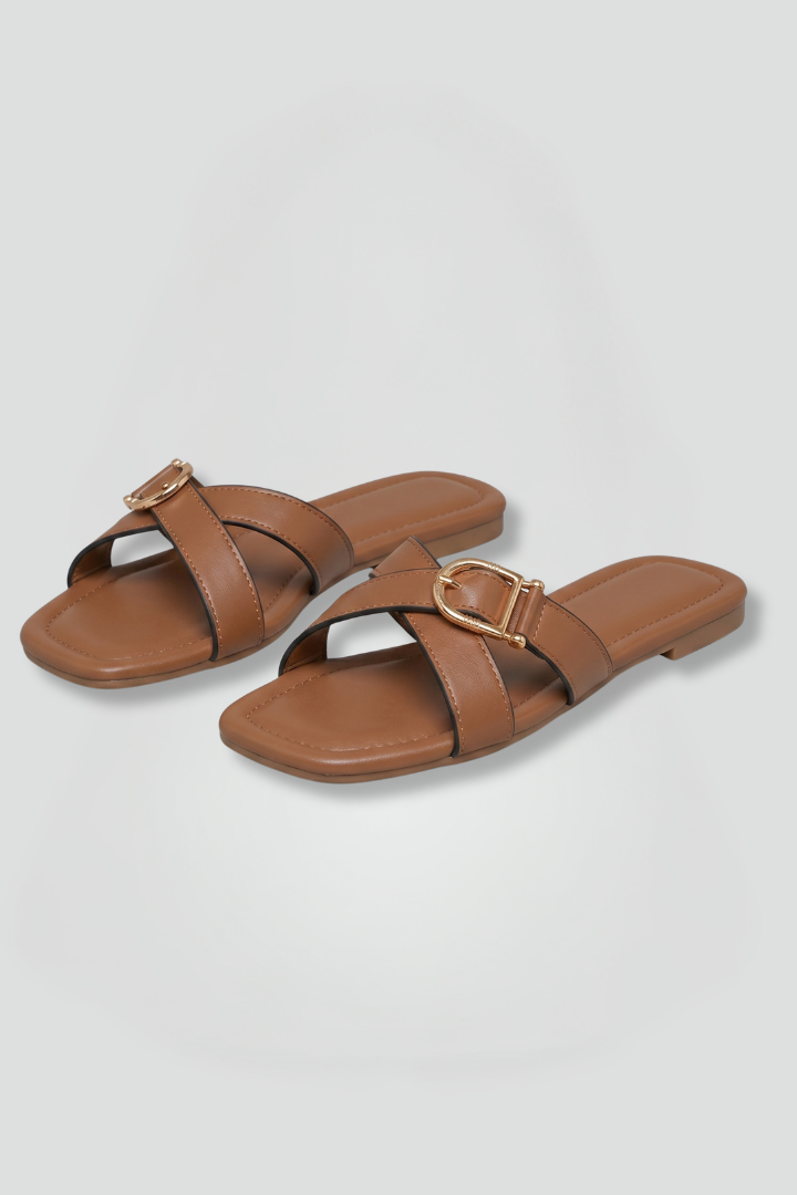 Selvaine | Women's Flat Slide Sandals Criss Cross - Camel - Image 2