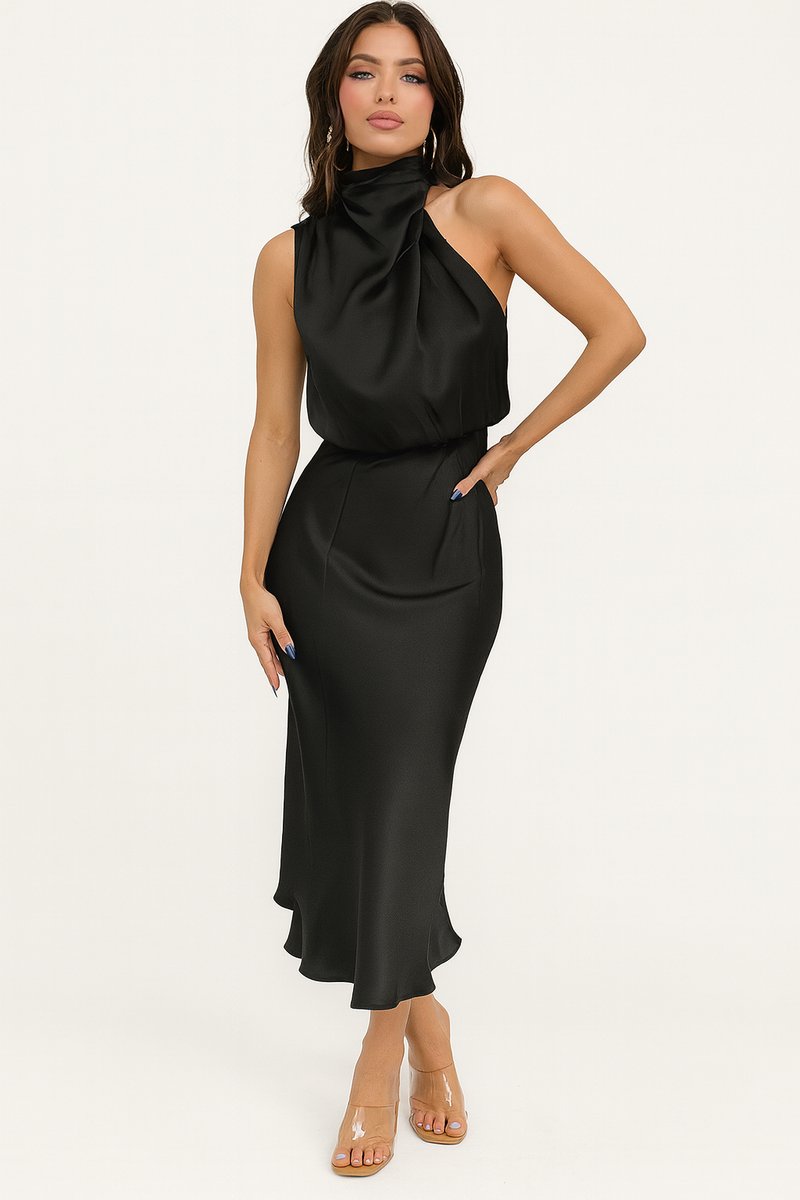 Selvaine | Women's Satin Halter Midi Dress - Black - Image 1