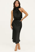 Selvaine | Women's Satin Halter Midi Dress - Black - Image 1