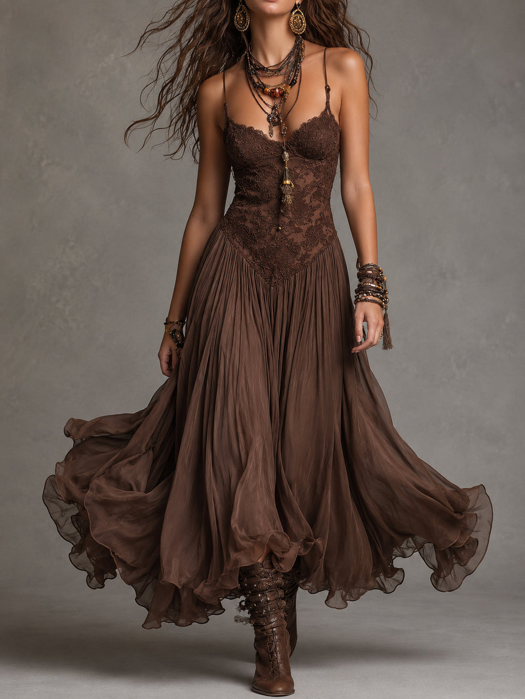 Selvara | Women's Boho Lace Maxi Dress - Dark Brown - Image 1