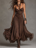 Selvara | Women's Boho Lace Maxi Dress - Dark Brown - Image 1