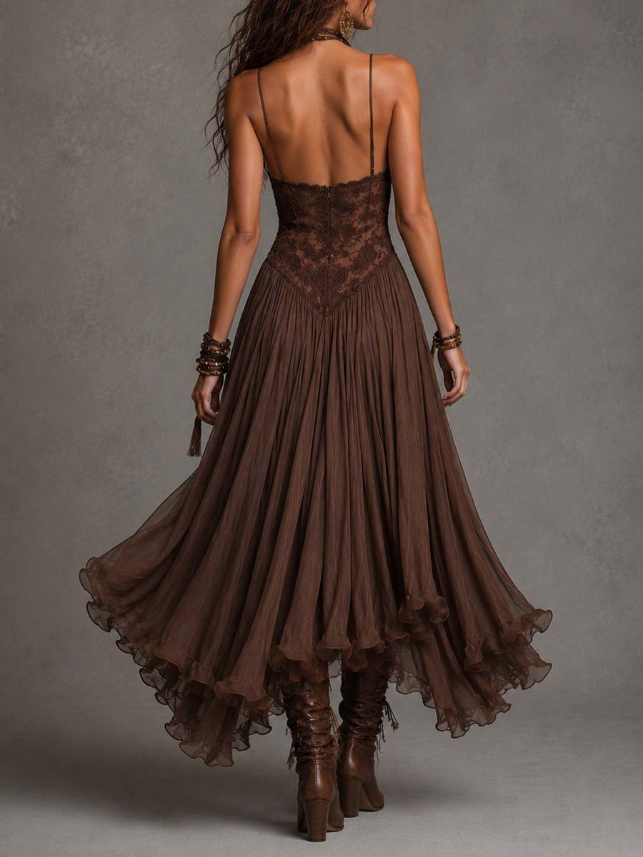 Selvara | Women's Boho Lace Maxi Dress - Dark Brown - Image 2