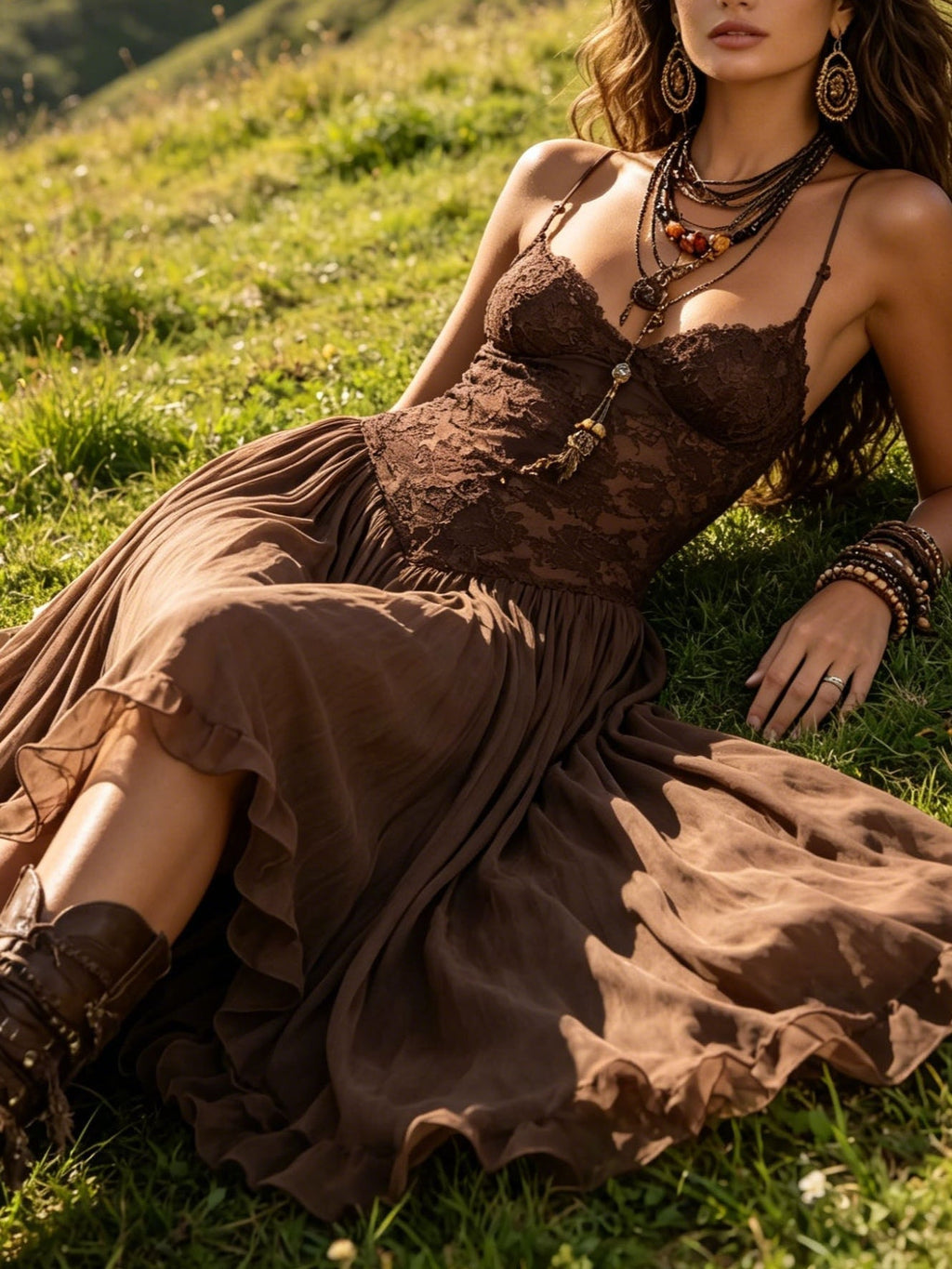 Selvara | Women's Boho Lace Maxi Dress - Dark Brown - Image 3