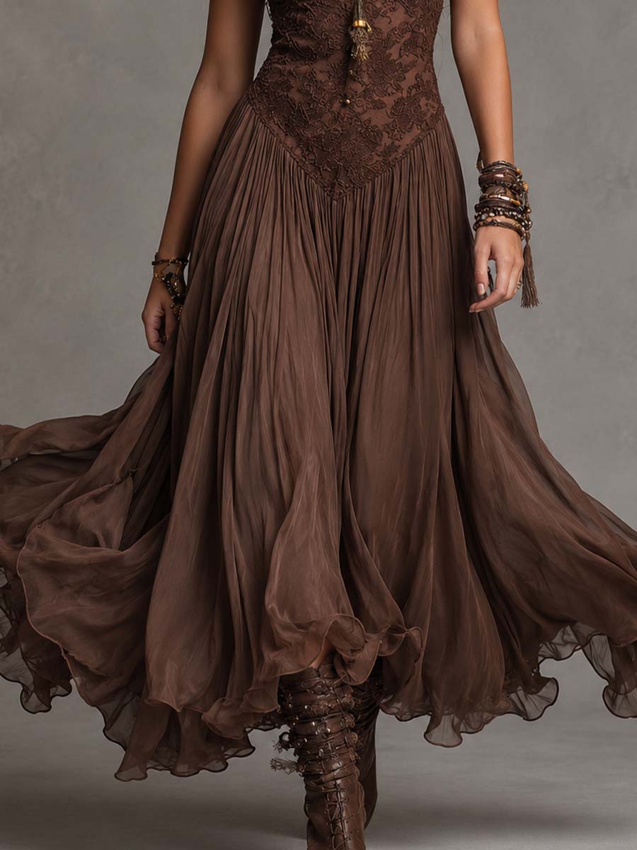 Selvara | Women's Boho Lace Maxi Dress - Dark Brown - Image 7