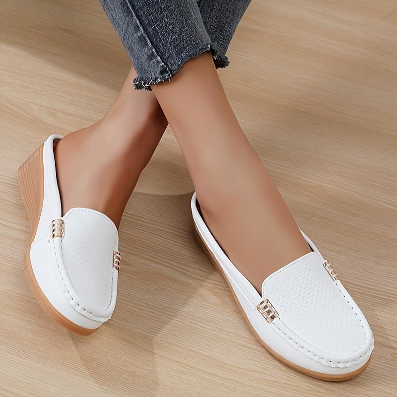 Selverne | Women's Wedge Loafer Mules Slip-On Shoes - Cream - Image 16