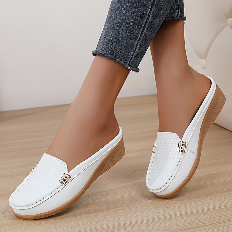 Selverne | Women's Wedge Loafer Mules Slip-On Shoes - Cream - Image 18