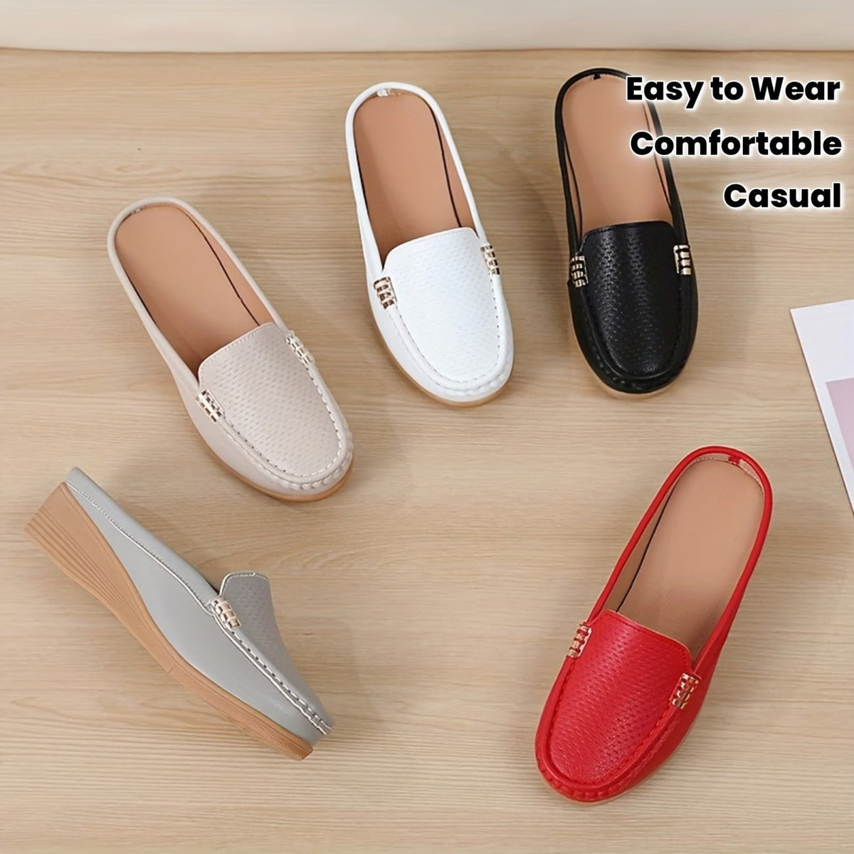 Selverne | Women's Wedge Loafer Mules Slip-On Shoes - Cream - Image 2