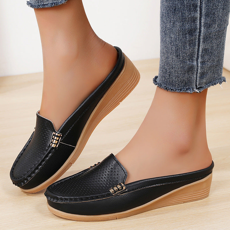 Selverne | Women's Wedge Loafer Mules Slip-On Shoes - Cream - Image 4