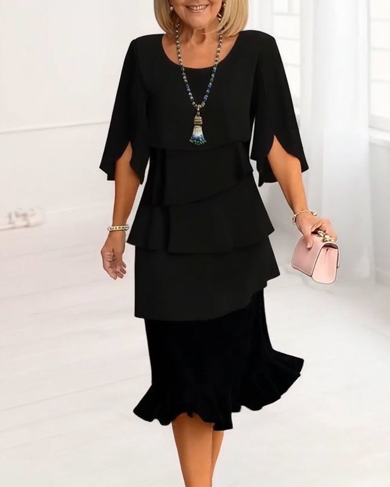 Selvorne | Women's Cocktail Midi Dress Tiered Ruffle - Black - Image 1